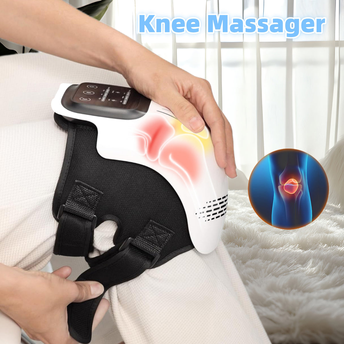 Heated knee massager wrap with kneading and vibration settings