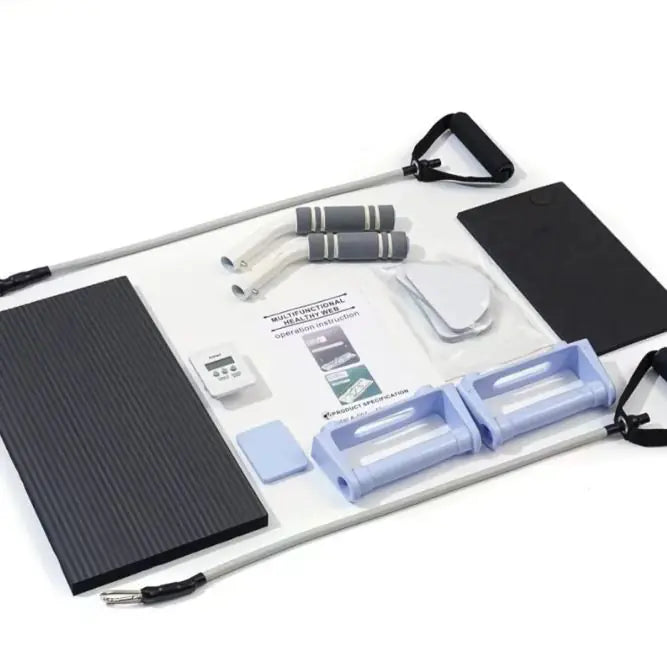 Pilates sliding board folded flat for storage under a sofa