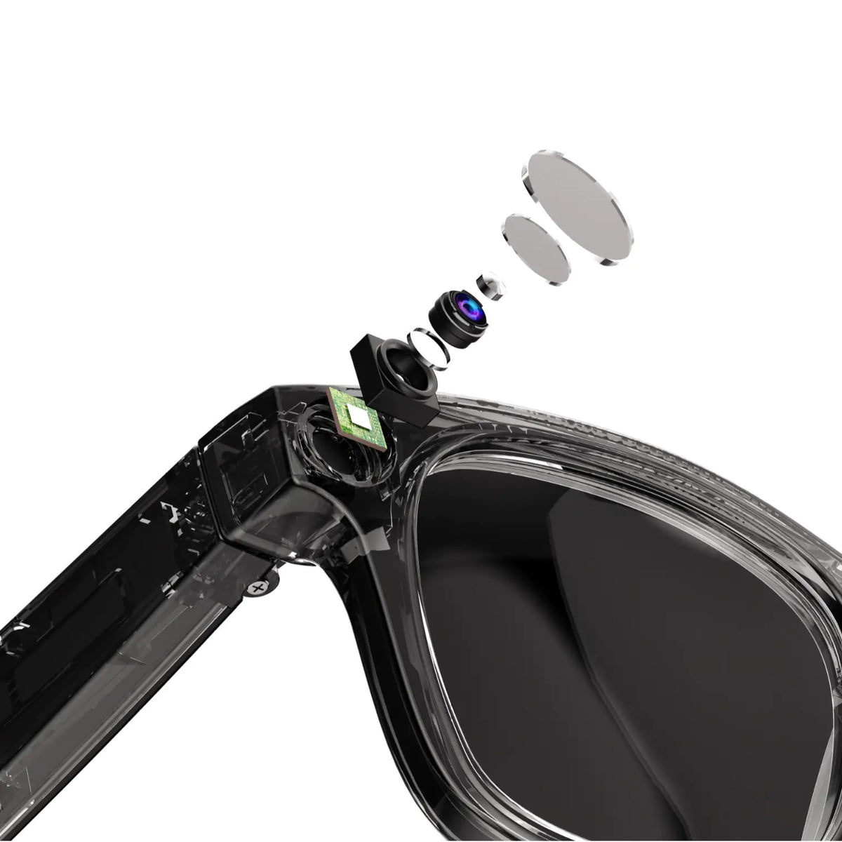 Smart glasses shown with their charging case and USB cable