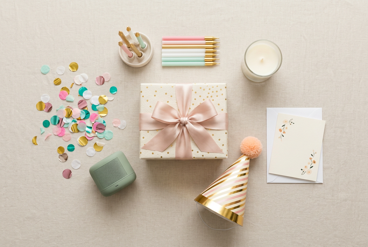 Flat-lay of birthday gifts with confetti and ribbon