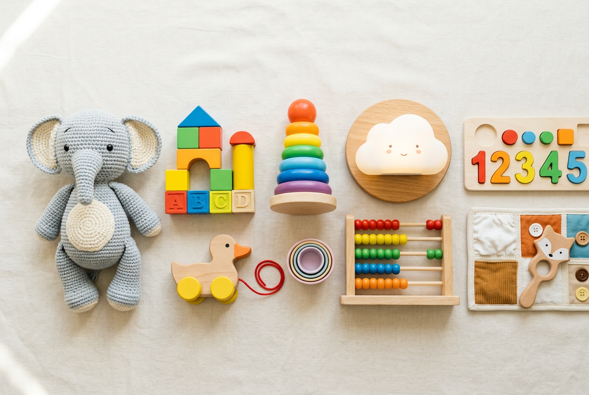 Flat-lay of colorful kids and baby gifts