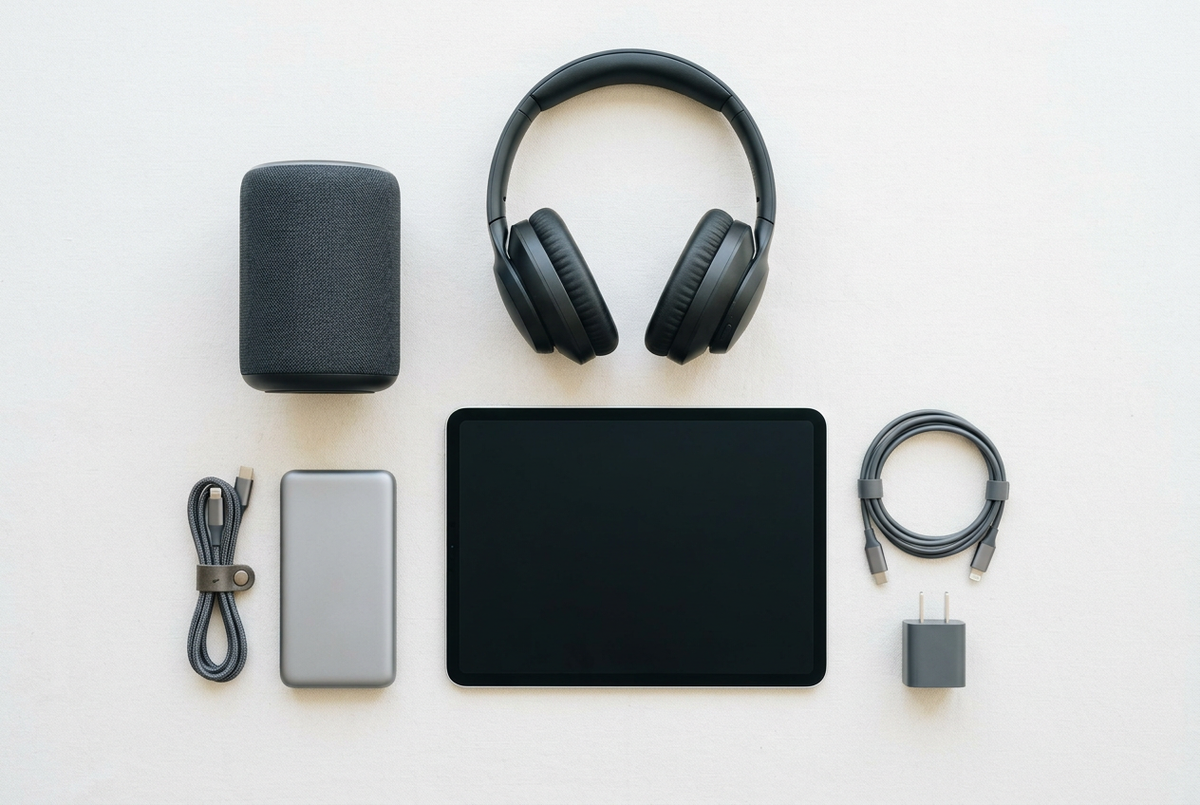 Flat-lay of consumer tech products
