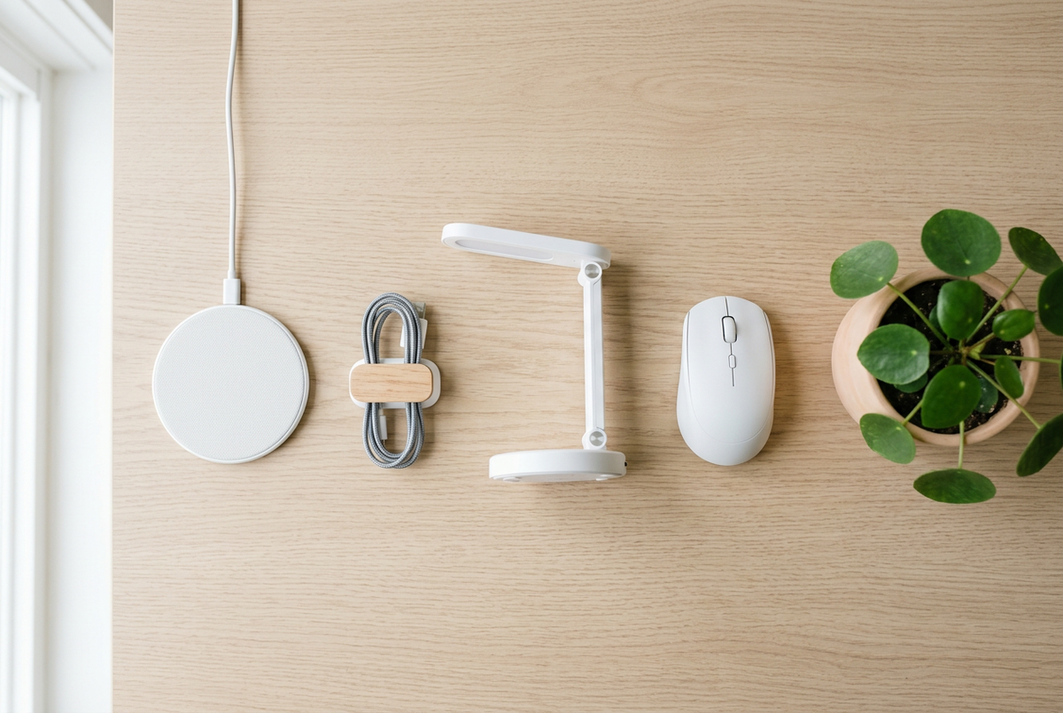 Flat-lay of desk gadgets on a neutral desk