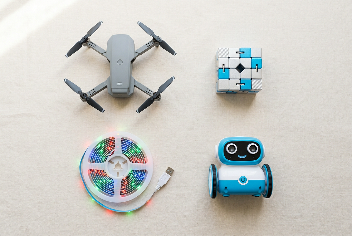 Flat-lay of fun gadgets for tech lovers