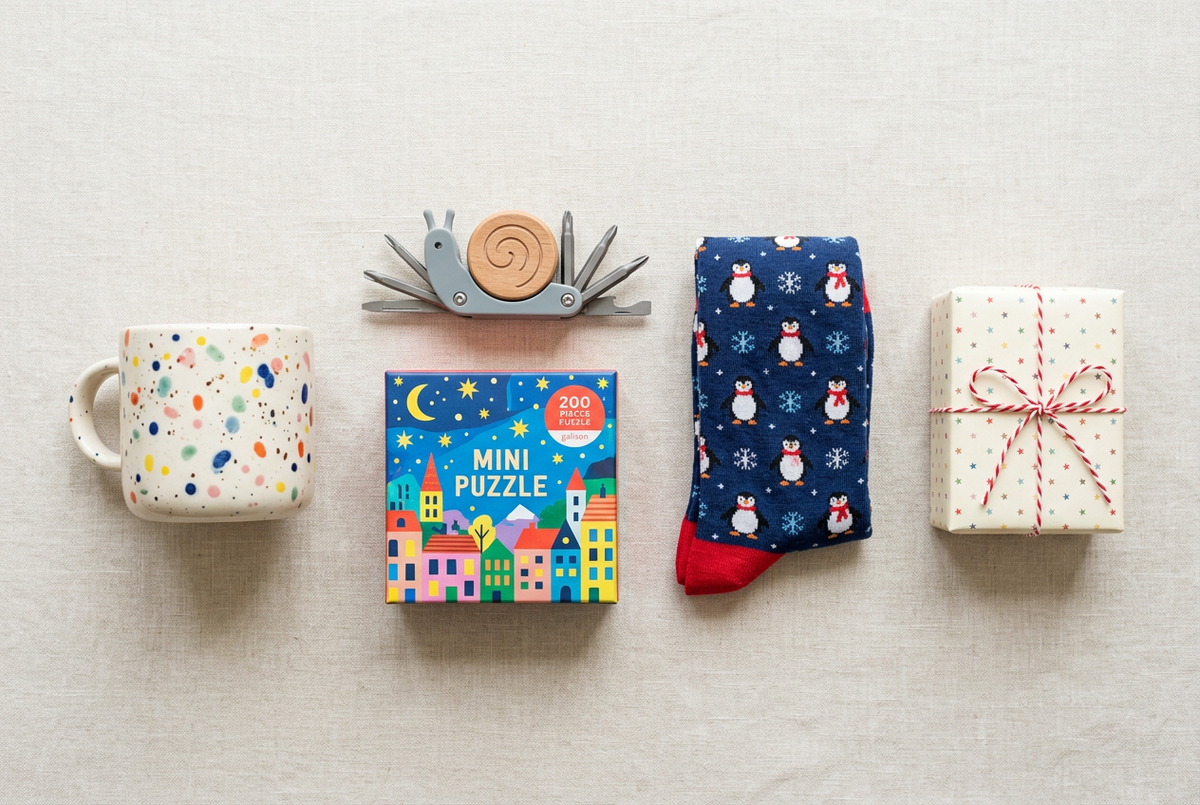 Flat-lay of fun secret santa gift ideas
