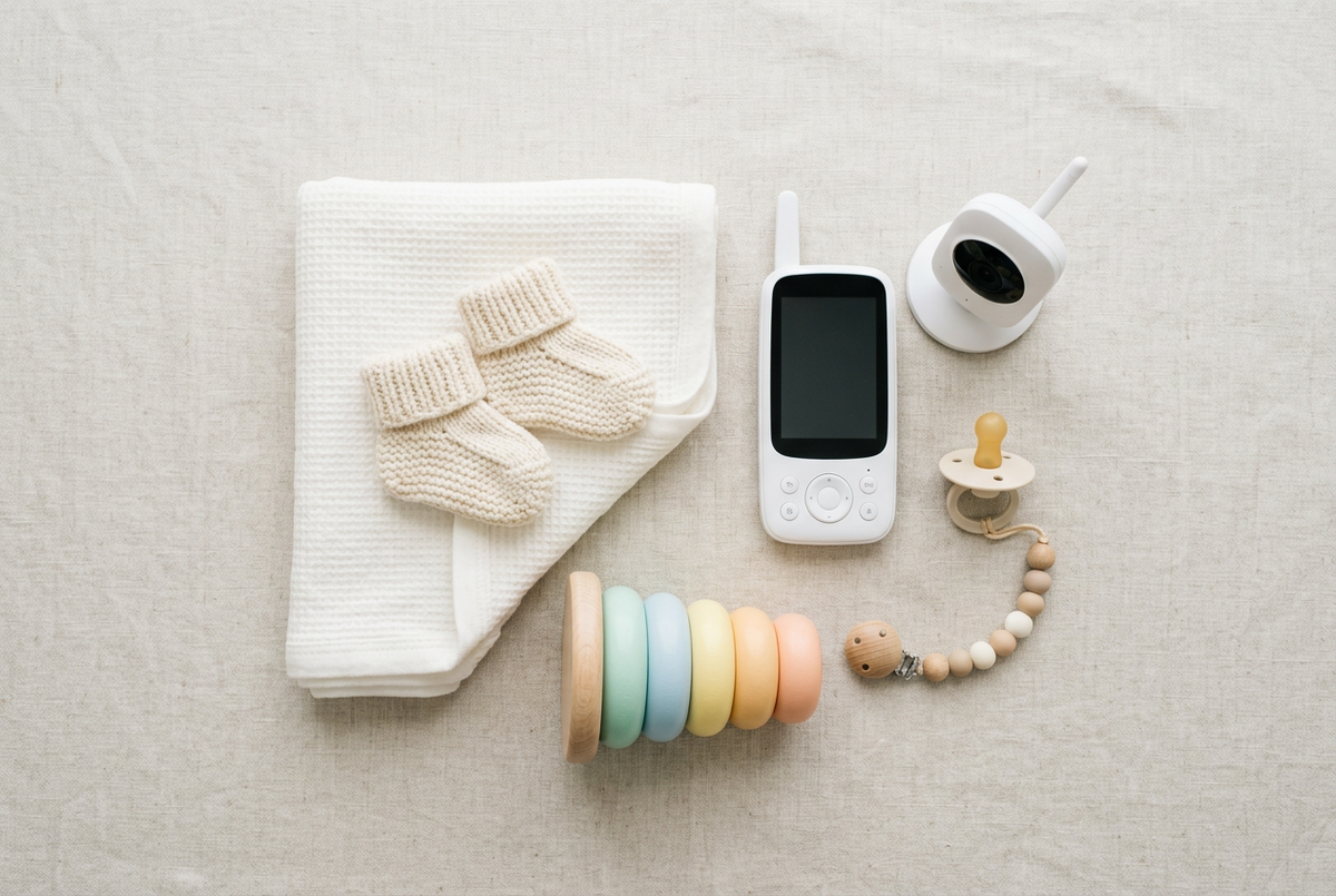 Flat-lay of gifts for new parents in soft pastels
