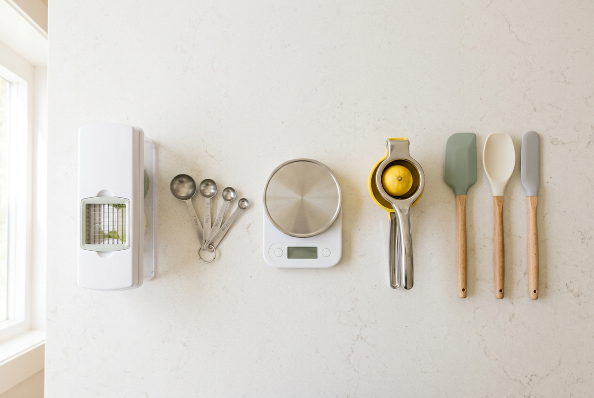 Flat-lay of kitchen gadgets on a countertop
