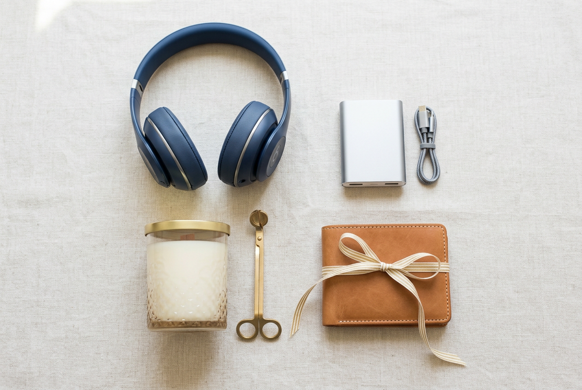 Flat-lay of mid-range gift items with ribbon