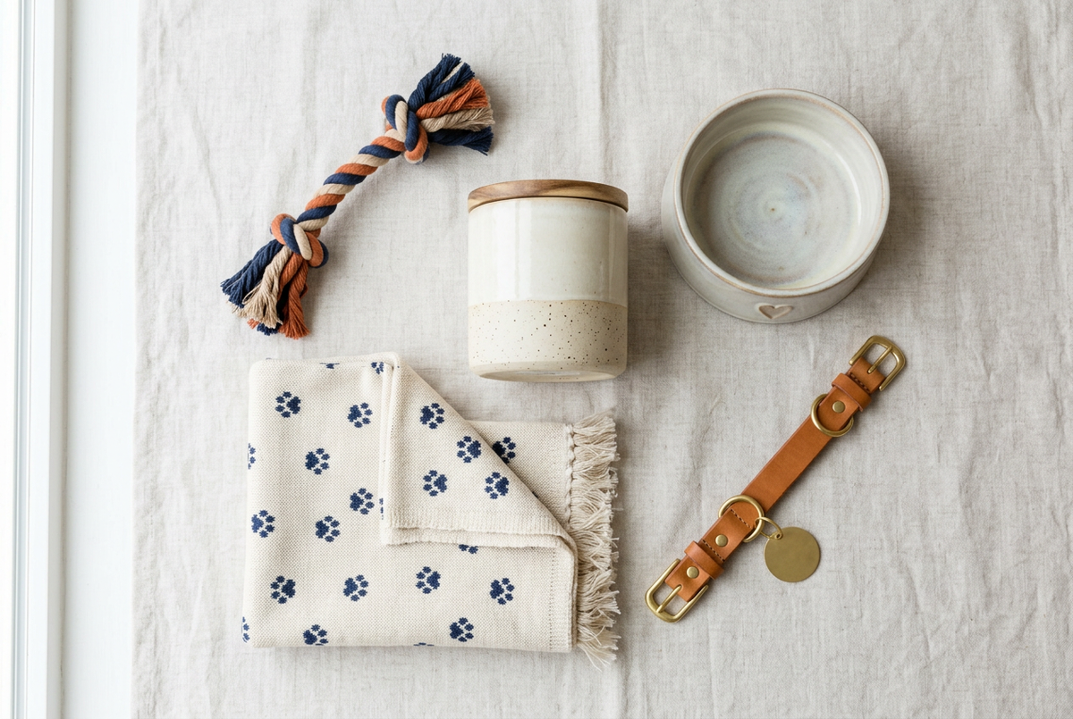 Flat-lay of pet lover gifts with pet accessories