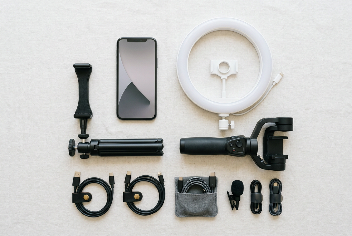 Flat-lay of phone accessories and creator gear
