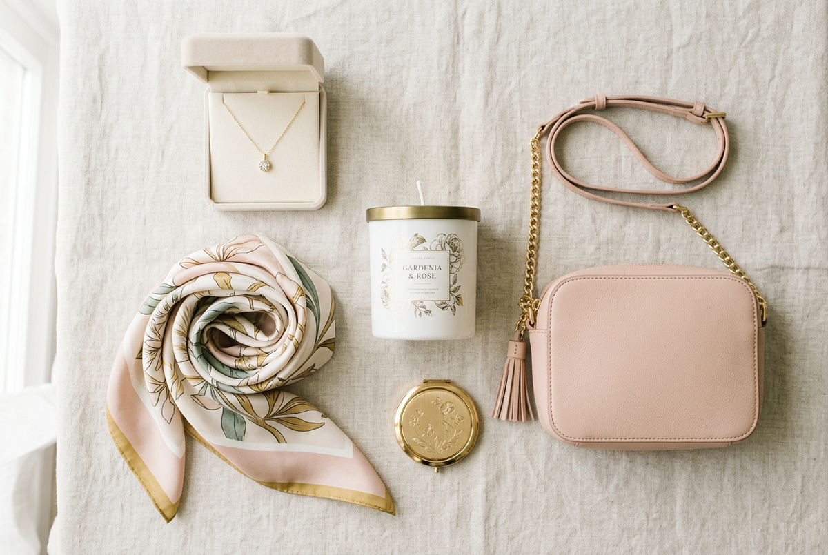 Flat-lay of stylish gifts for her