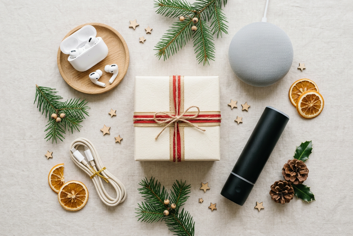 Flat-lay of tech gadget Christmas gifts with festive touches