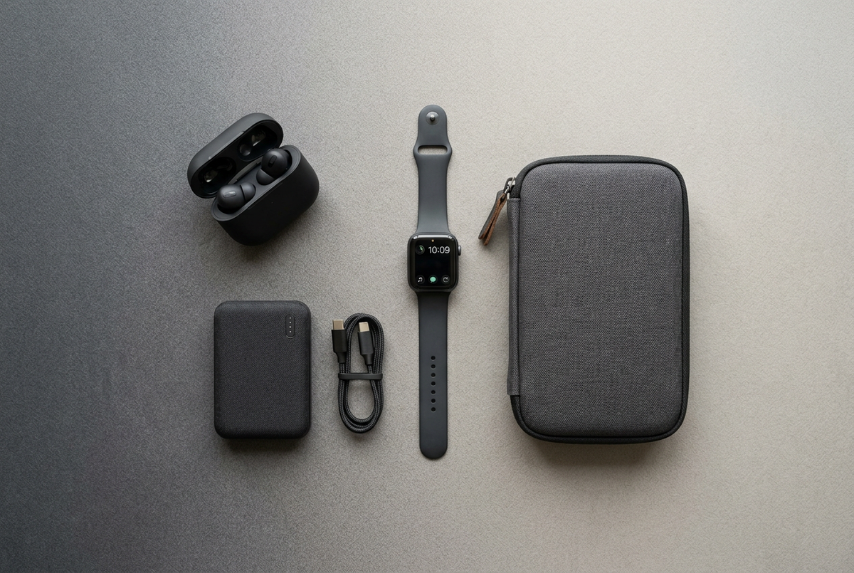 Flat-lay of tech gifts including earbuds and smartwatch