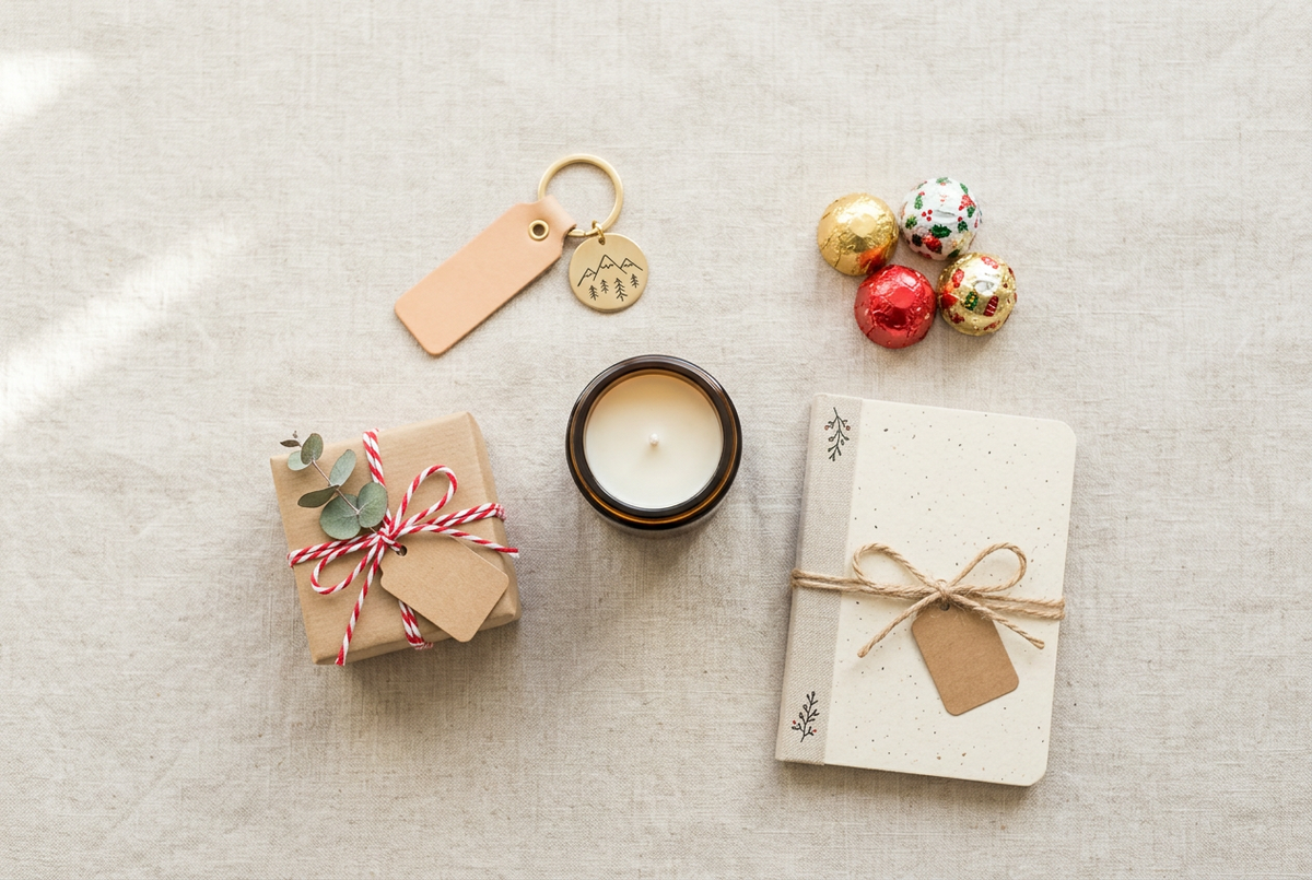 Flat-lay of tiny budget secret santa gifts