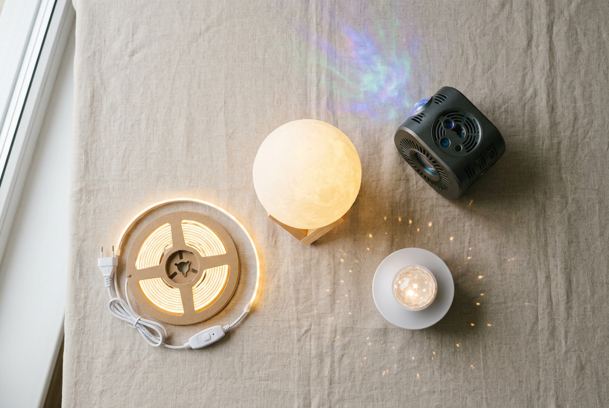 Glowing ambient lighting products including a moon lamp and projector