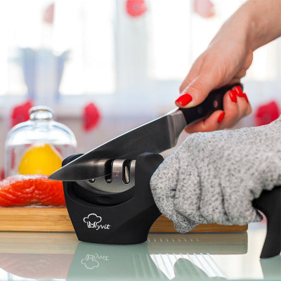 Diamond and tungsten steel knife sharpener with a non-slip base