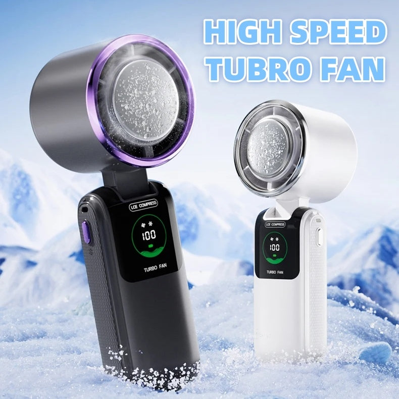 Ice Pack High-Speed Handheld Fan, portable cooling fan in white, blue, dark grey and pink