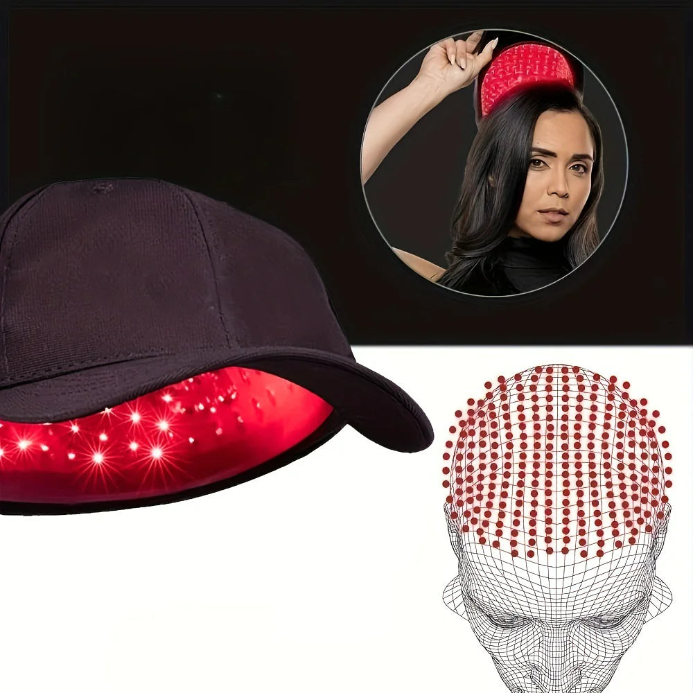 Red light cap worn hands-free with its battery pack and charging cable