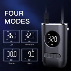 Cordless mini air pump with digital pressure gauge, inflating a car tyre