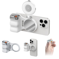Magnetic phone camera holder with remote control and adjustable light for enhanced smartphone photography.