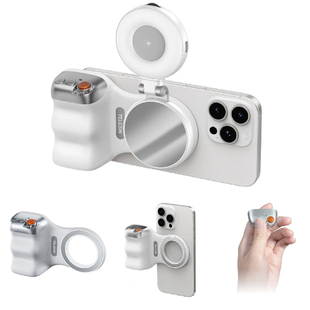 Magnetic phone camera holder with remote control and adjustable light for enhanced smartphone photography.