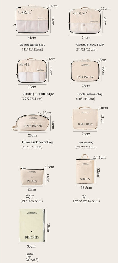 Travel storage bag set design showcasing various sizes and styles of storage bags for clothing accessories.